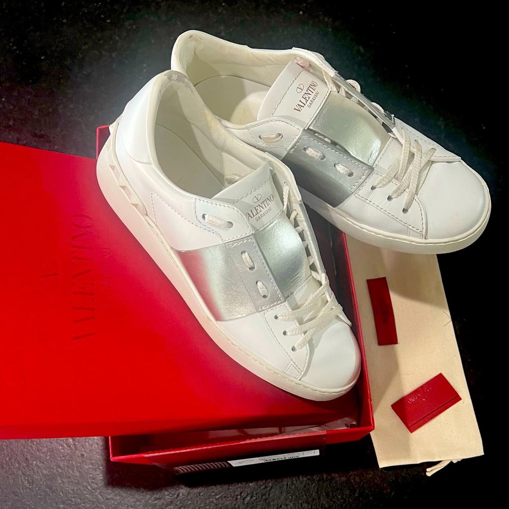 Valentino Garavani open white/silver calfskin sneakers 38 1/2
